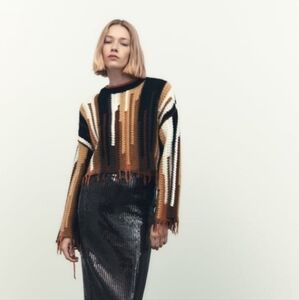 Zara Striped Cropped Crewneck Sweater - Brown Black Cream